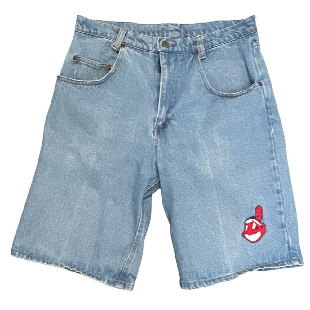 Vintage Cleveland Indians Denim Jean Shorts Chief Wahoo Mens 32 True Fan MLB